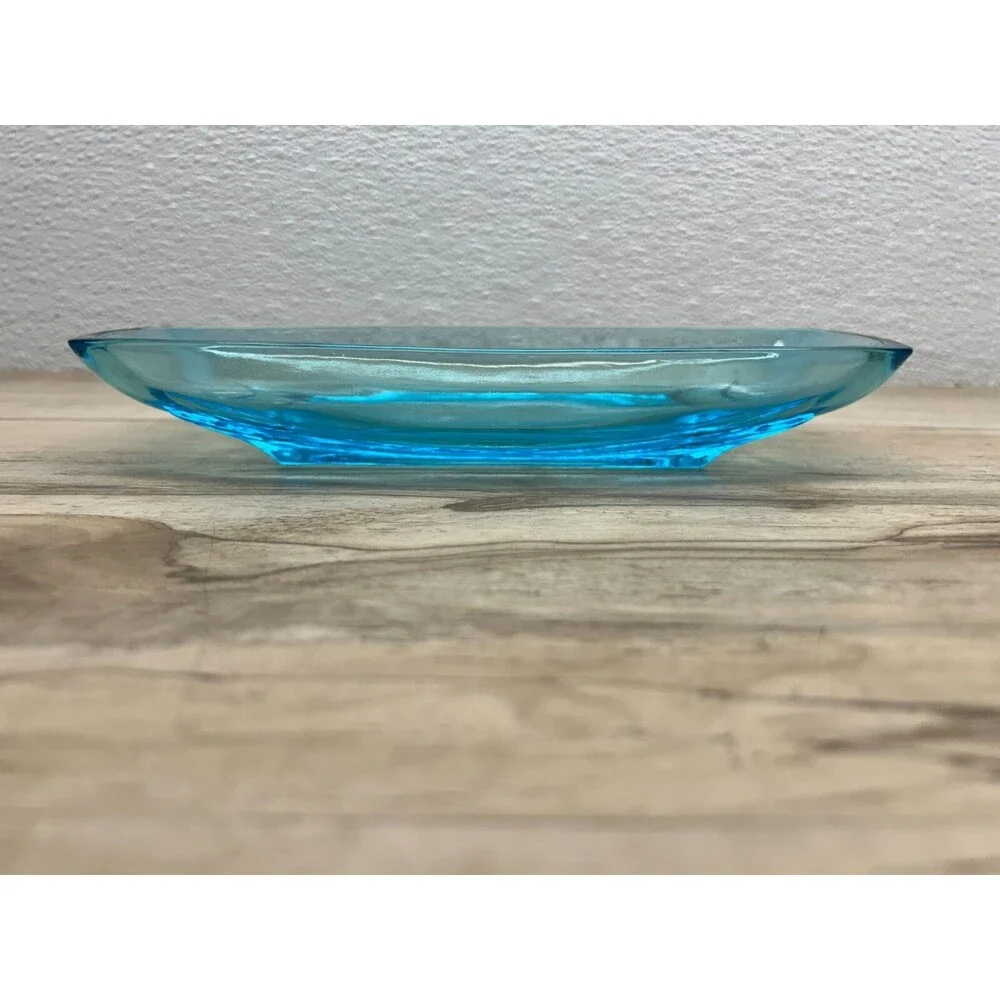Vtg 1960s Hazel Atlas Turquoise Capri Blue Glass Serving Dishes Set Of 2